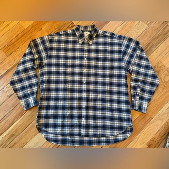 VTG J Crew Shirt Oarsman Long Sleeve Flannel Cotton Blue White Plaid Mens Sz XLT - Picture 1 of 13